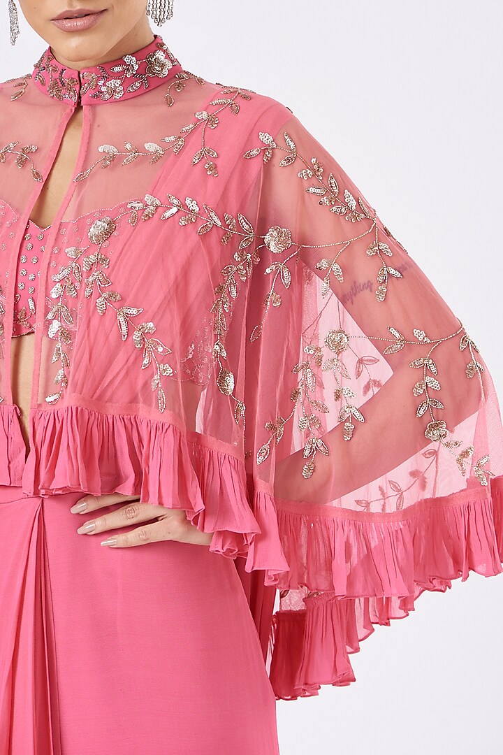 Pink Georgette Pre-Stitched Wedding Saree Set by Mani Bhatia at Pernia's Pop Up Shop