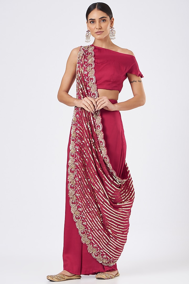 Fuchsia Satin & Crepe Pant Set by Mani Bhatia at Pernia's Pop Up Shop
