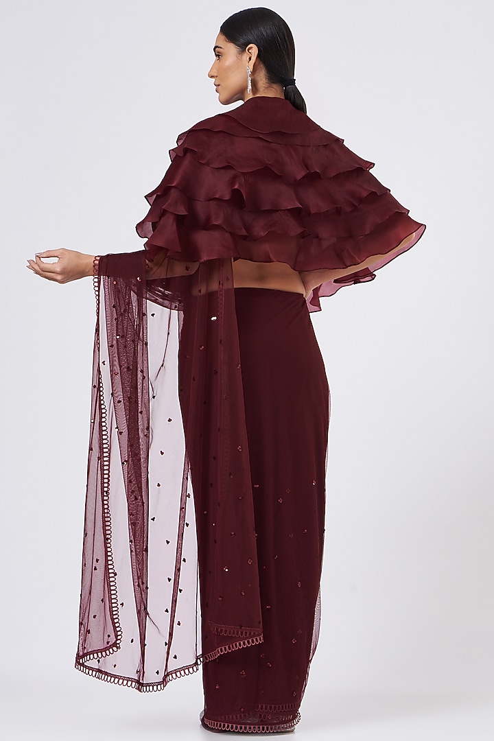 Deep Wine Net Jacket Draped Wedding Saree Set by Mani Bhatia at Pernia's Pop Up Shop