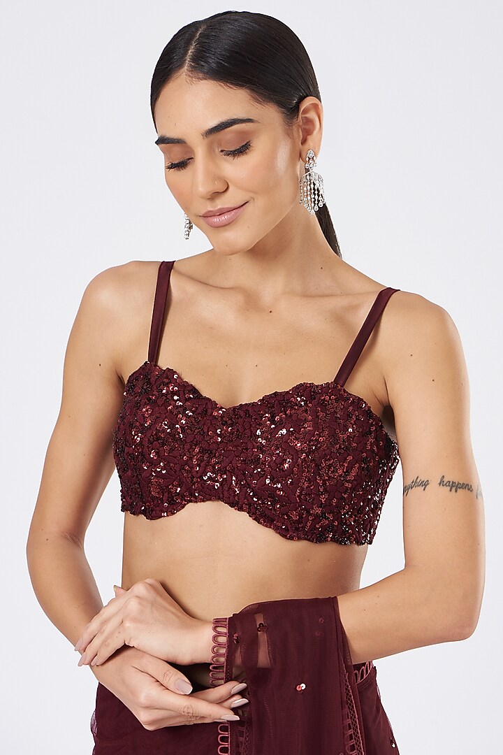 Deep Wine Net Jacket Draped Wedding Saree Set by Mani Bhatia at Pernia's Pop Up Shop