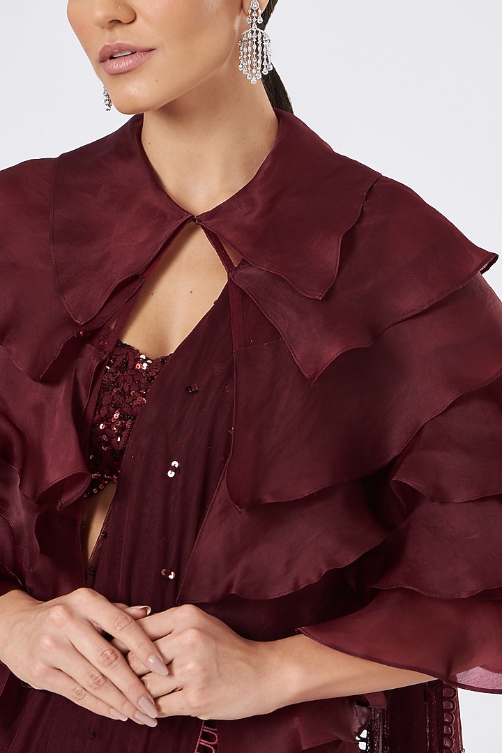 Deep Wine Net Jacket Draped Wedding Saree Set by Mani Bhatia at Pernia's Pop Up Shop
