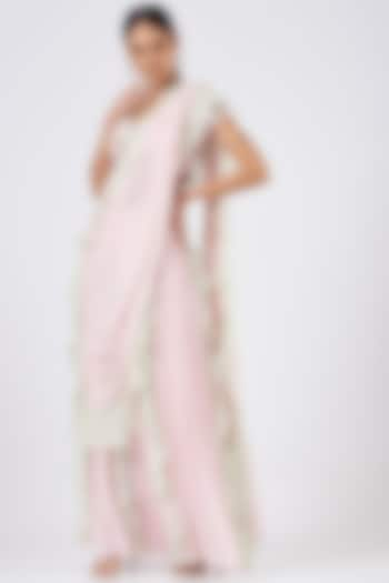 Mint & Pink Georgette Draped Saree Set by Mani Bhatia at Pernia's Pop Up Shop