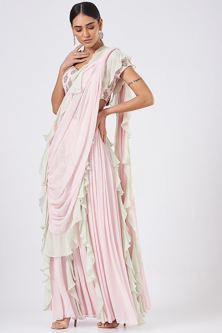Mint & Pink Georgette Draped Saree Set by Mani Bhatia