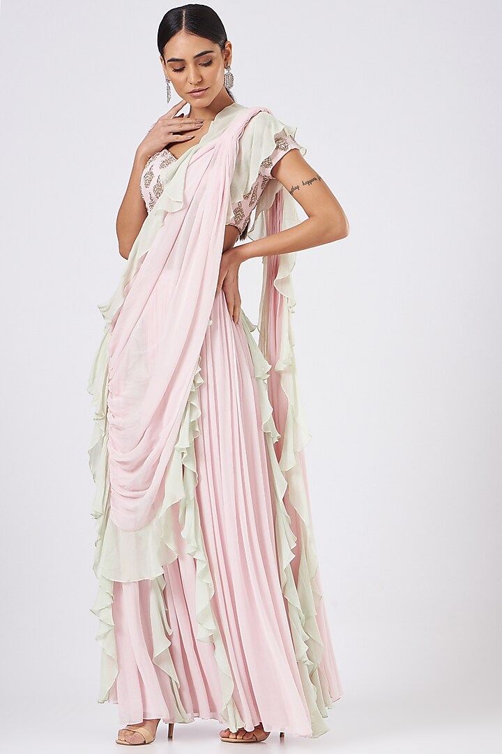 Mint & Pink Georgette Draped Saree Set by Mani Bhatia at Pernia's Pop Up Shop