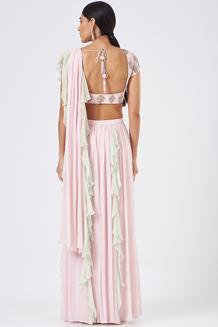 Mint & Pink Georgette Draped Wedding Saree Set by Mani Bhatia at Pernia's Pop Up Shop
