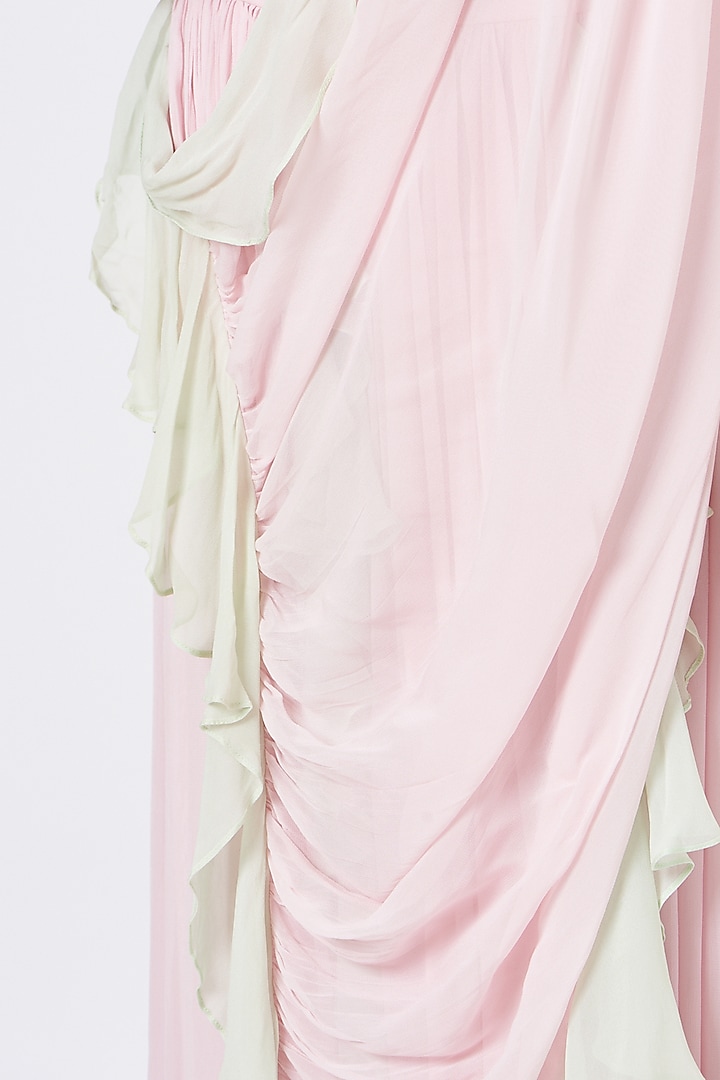 Mint & Pink Georgette Draped Wedding Saree Set by Mani Bhatia at Pernia's Pop Up Shop