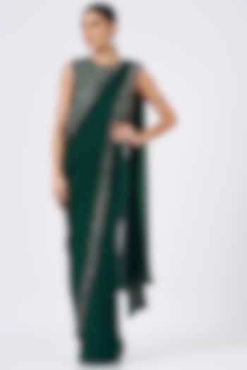 Emerald Green Georgette Draped Saree Set by Mani Bhatia