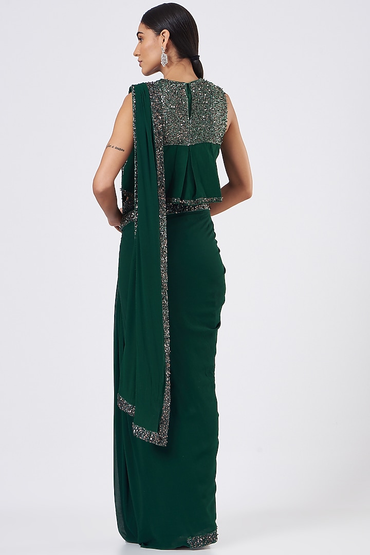 Emerald Green Georgette Draped Wedding Saree Set by Mani Bhatia at Pernia's Pop Up Shop