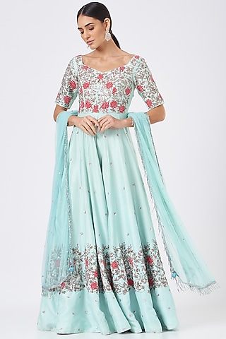 Turquoise Embroidered Anarkali Set by Mani Bhatia
