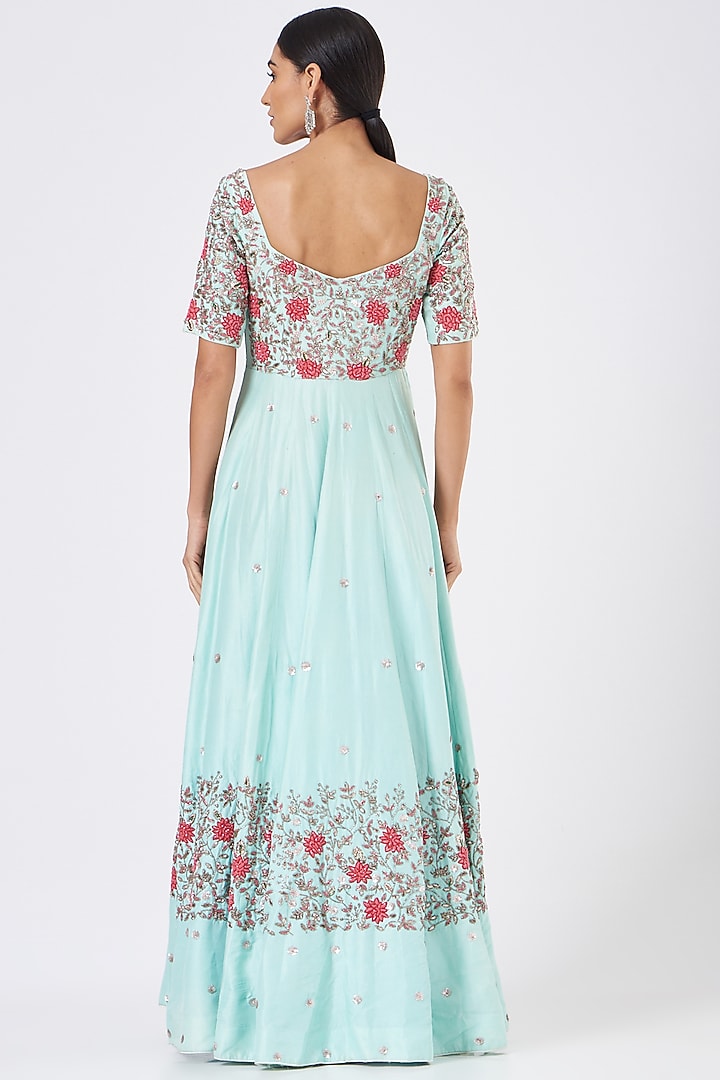 Turquoise Embroidered Bridal Anarkali Set by Mani Bhatia at Pernia's Pop Up Shop