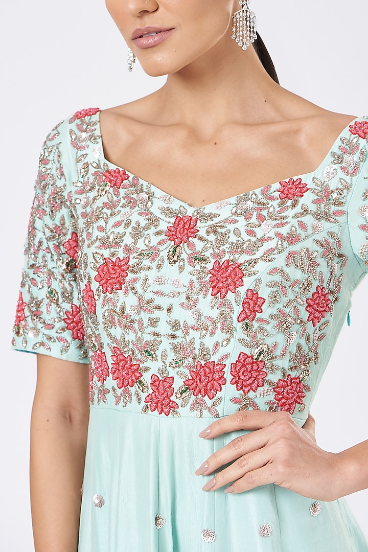 Turquoise Embroidered Bridal Anarkali Set by Mani Bhatia at Pernia's Pop Up Shop