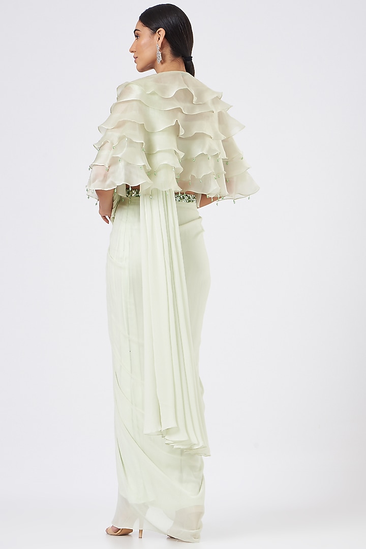 Powder Green Georgette & Satin Draped Wedding Saree Set With Cape by Mani Bhatia at Pernia's Pop Up Shop