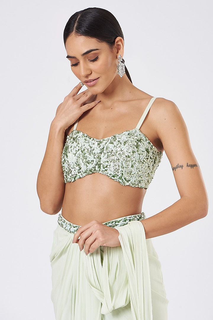 Powder Green Georgette & Satin Draped Wedding Saree Set With Cape by Mani Bhatia at Pernia's Pop Up Shop