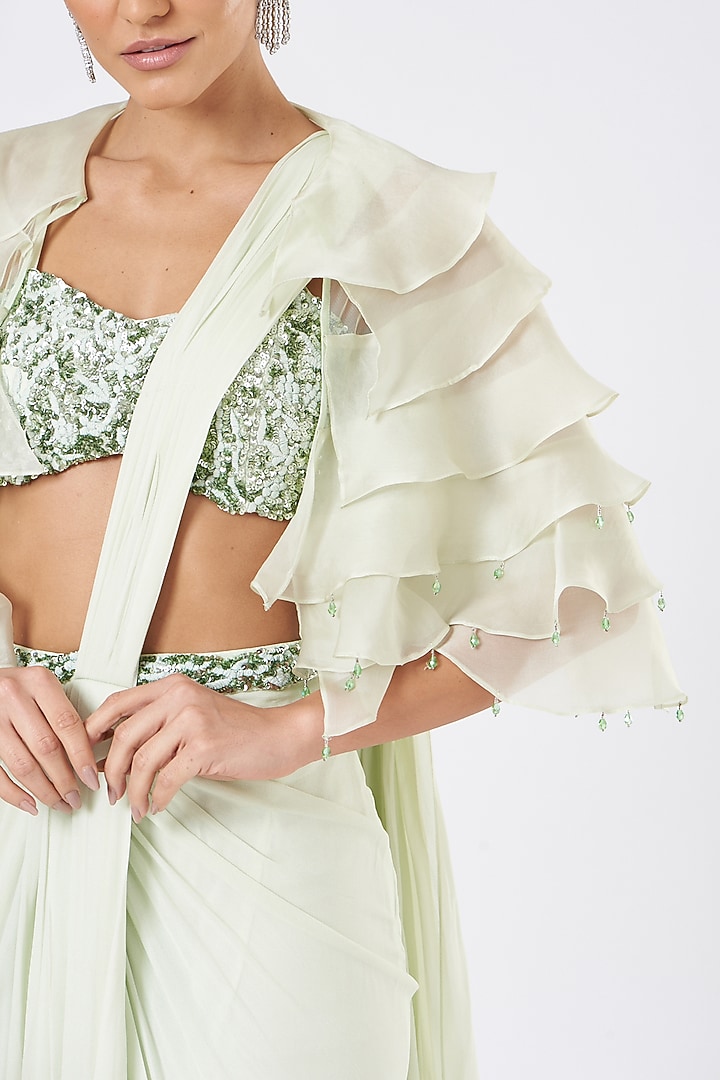Powder Green Georgette & Satin Draped Wedding Saree Set With Cape by Mani Bhatia at Pernia's Pop Up Shop