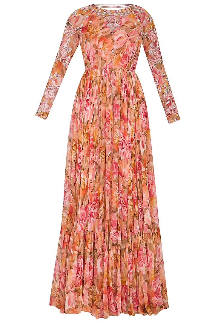 Peach Embroidered Printed Anarkali With Drape & Belt by Mani Bhatia