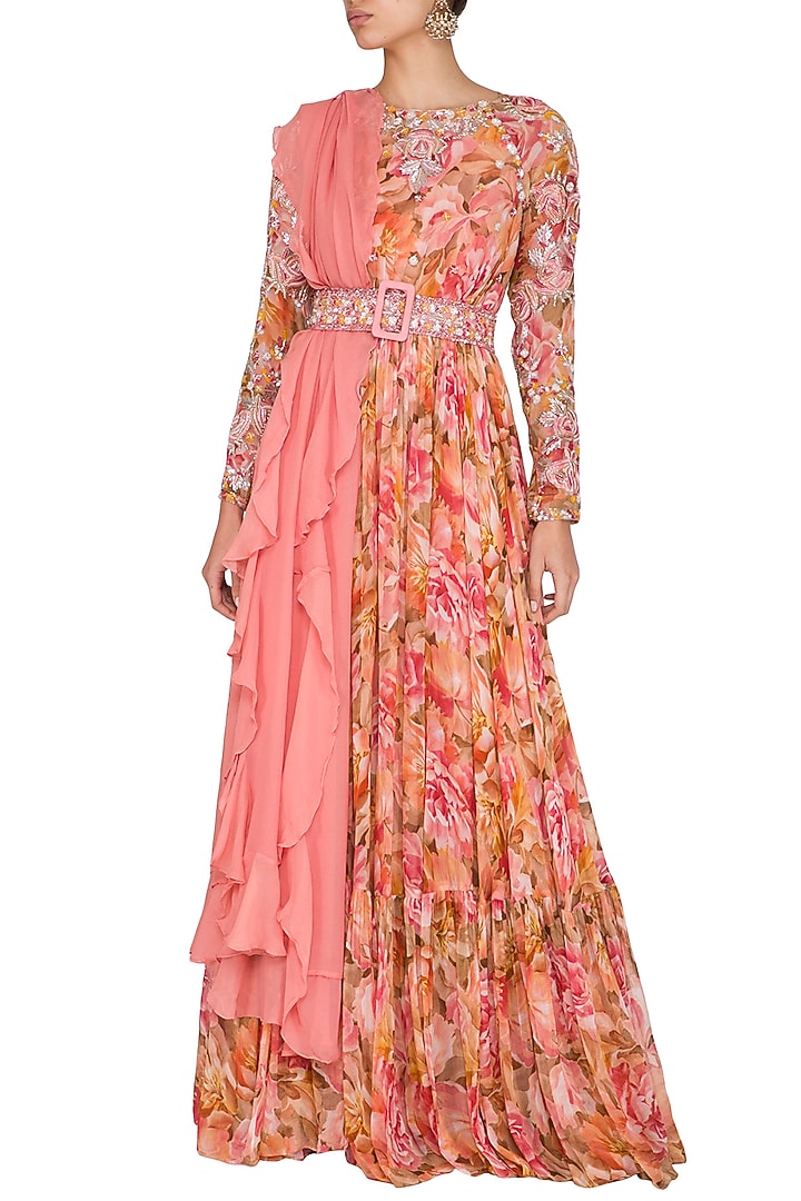 Peach Embroidered Printed Wedding Anarkali With Drape & Belt by Mani Bhatia at Pernia's Pop Up Shop