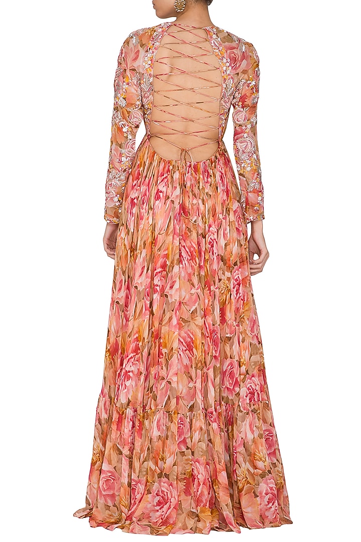 Peach Embroidered Printed Wedding Anarkali With Drape & Belt by Mani Bhatia at Pernia's Pop Up Shop