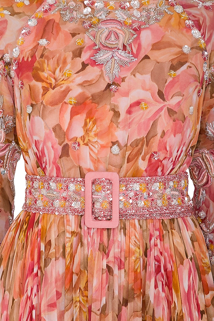 Peach Embroidered Printed Wedding Anarkali With Drape & Belt by Mani Bhatia at Pernia's Pop Up Shop