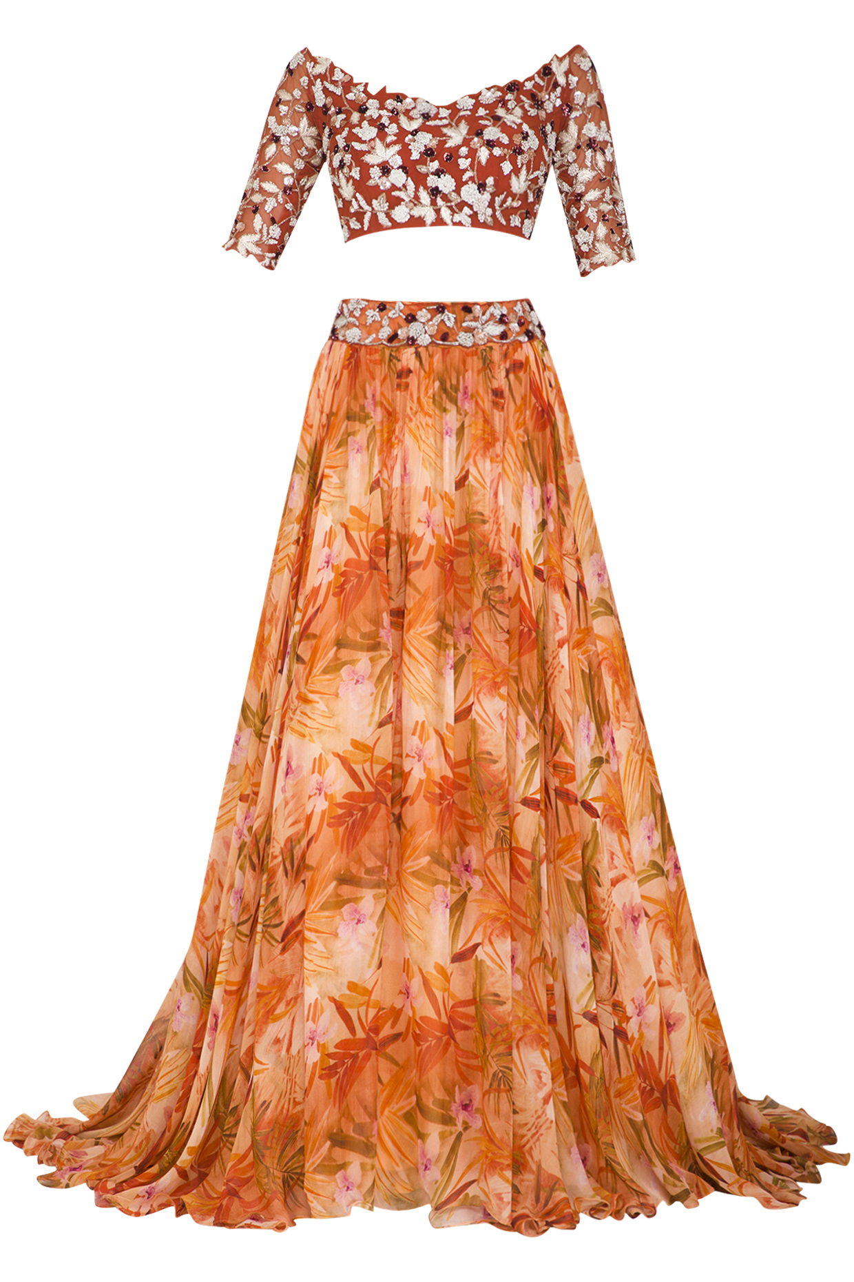 Orange Printed Embroidered Lehenga Set by Mani Bhatia