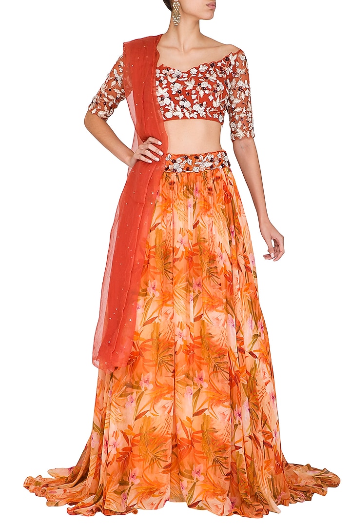 Orange Printed Embroidered Wedding Lehenga Set by Mani Bhatia at Pernia's Pop Up Shop
