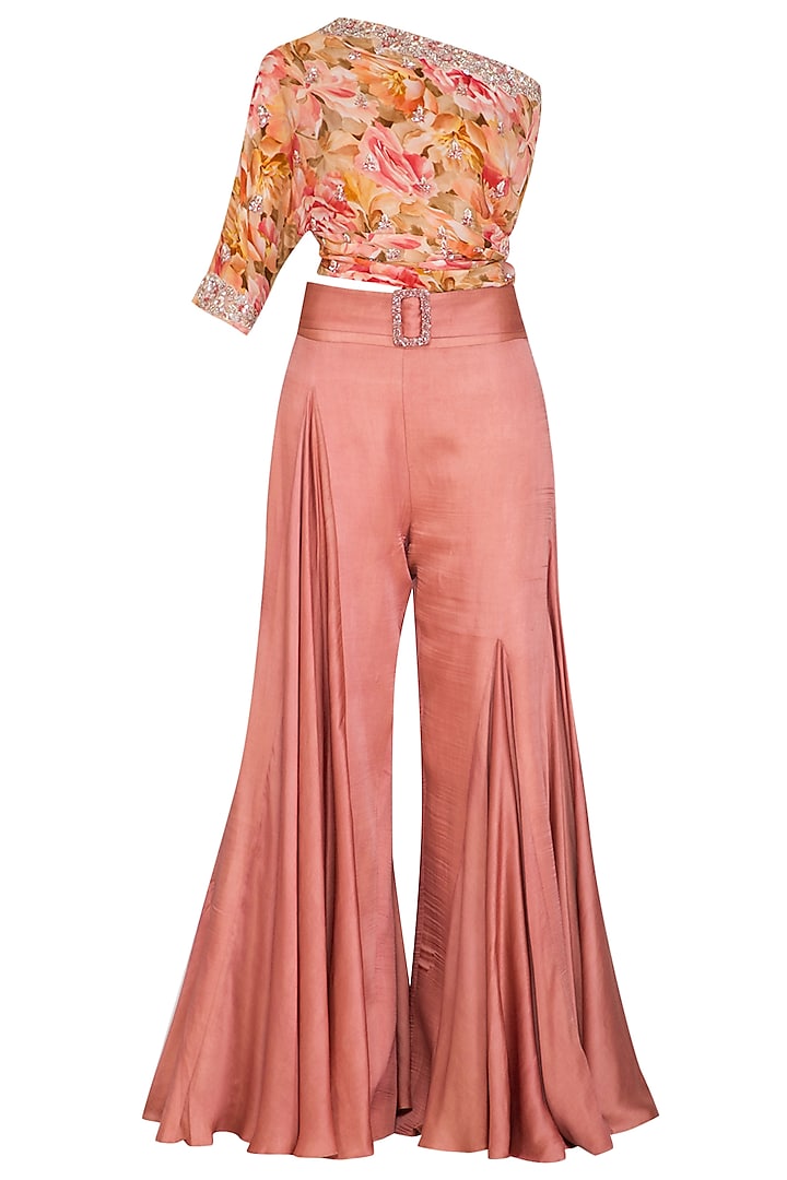 Peach Embroidered Printed Top With Palazzo Pants, Drape & Belt by Mani Bhatia