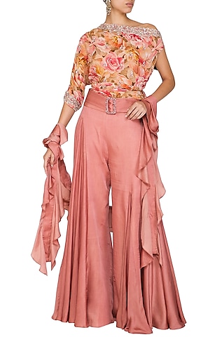 Peach Embroidered Printed Top With Palazzo Pants, Drape & Belt by Mani Bhatia