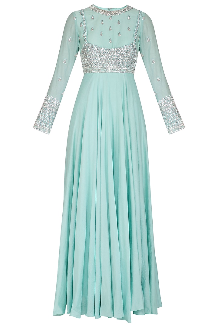 Sky Blue Embroidered Anarkali With Cape by Mani Bhatia