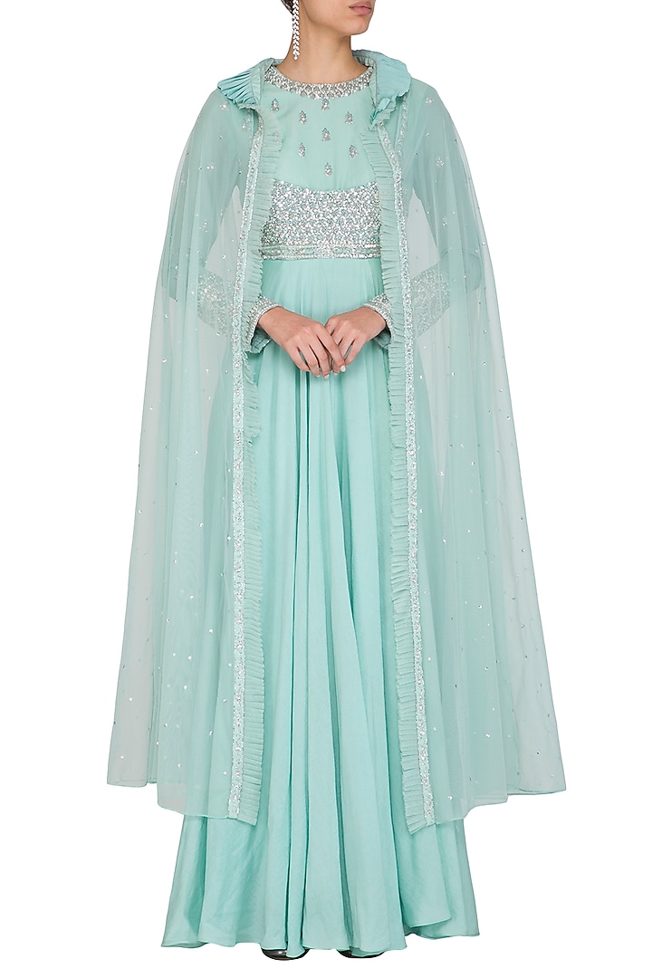 Sky Blue Embroidered Wedding Anarkali With Cape by Mani Bhatia at Pernia's Pop Up Shop