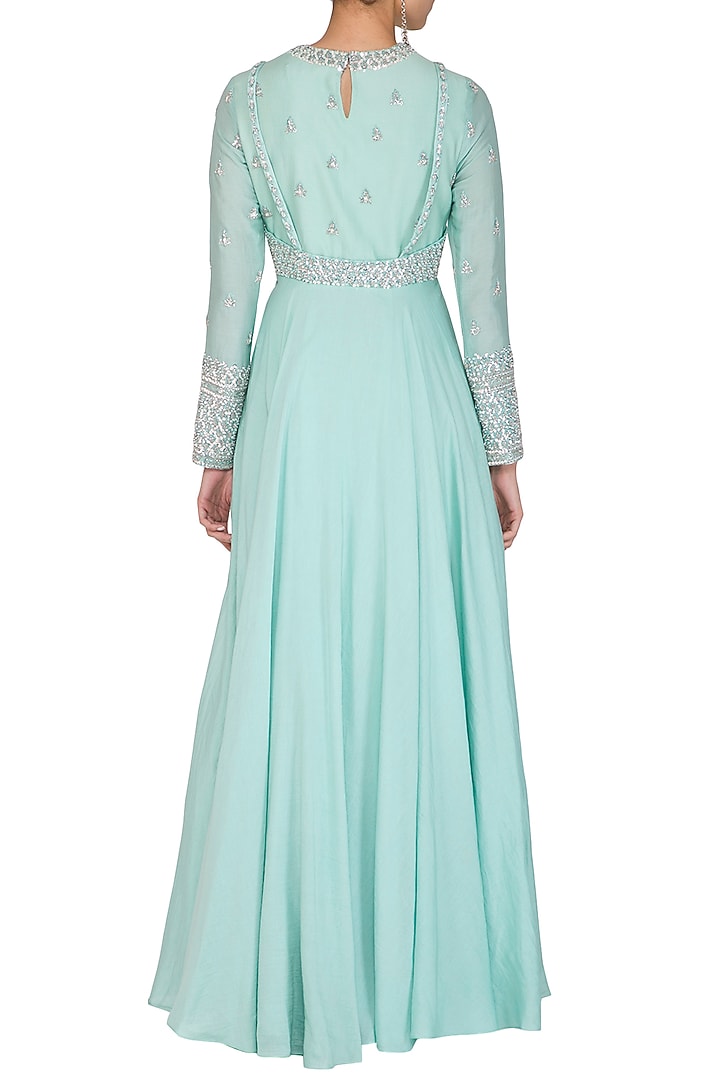 Sky Blue Embroidered Wedding Anarkali With Cape by Mani Bhatia at Pernia's Pop Up Shop