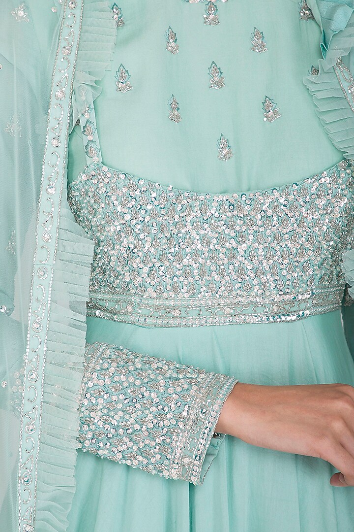 Sky Blue Embroidered Wedding Anarkali With Cape by Mani Bhatia at Pernia's Pop Up Shop