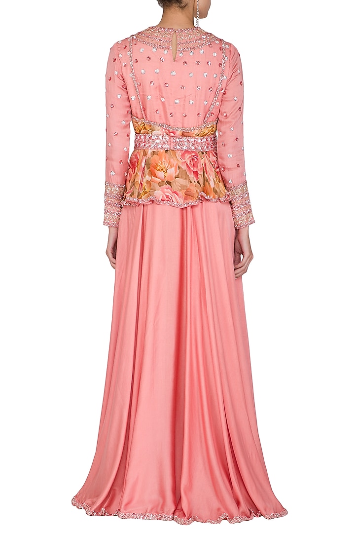 Peach Embroidered Printed Peplum Wedding Anarkali With Drape & Belt by Mani Bhatia at Pernia's Pop Up Shop
