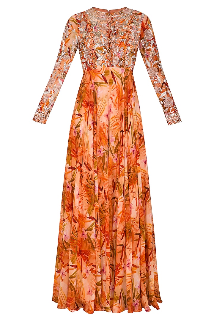 Orange Printed Embroidered Jumpsuit With Belt & Drape by Mani Bhatia
