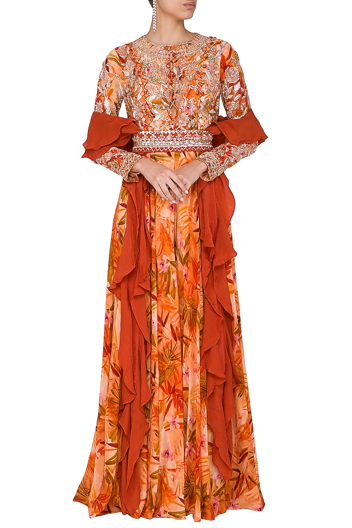Orange Printed Embroidered Jumpsuit With Belt & Drape by Mani Bhatia at Pernia's Pop Up Shop