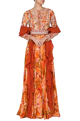 Orange Printed Embroidered Jumpsuit With Belt & Drape by Mani Bhatia