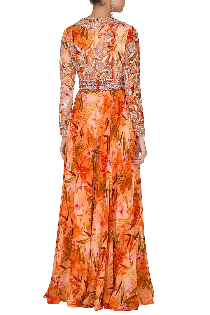 Orange Printed Embroidered Jumpsuit With Belt & Drape by Mani Bhatia at Pernia's Pop Up Shop