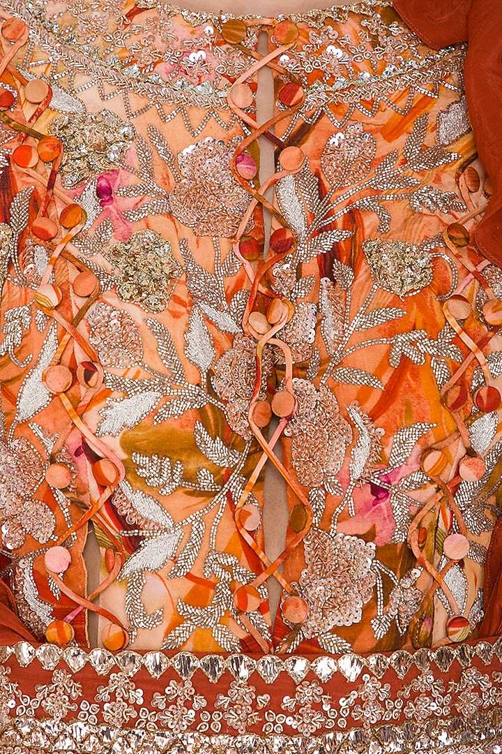 Orange Printed Embroidered Jumpsuit With Belt & Drape by Mani Bhatia at Pernia's Pop Up Shop