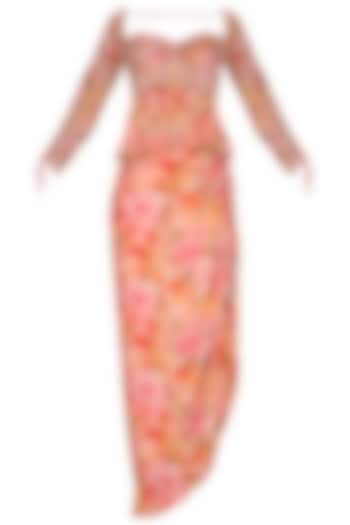 Peach Embroidered Printed Peplum Top With Skirt & Drape by Mani Bhatia