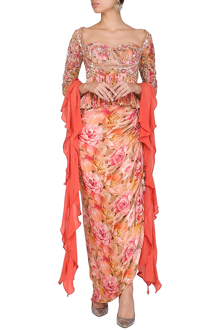 Peach Embroidered Printed Peplum Top With Skirt & Drape by Mani Bhatia at Pernia's Pop Up Shop