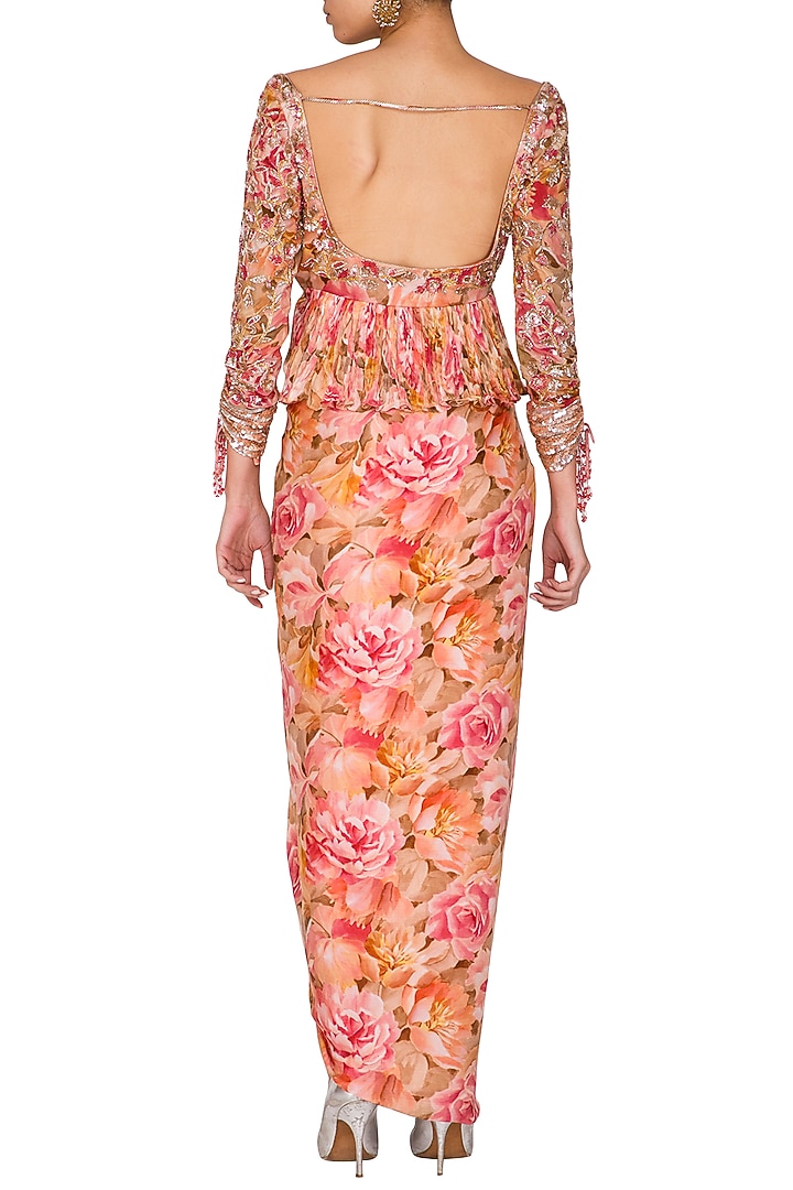 Peach Embroidered Printed Peplum Top With Skirt & Drape by Mani Bhatia at Pernia's Pop Up Shop