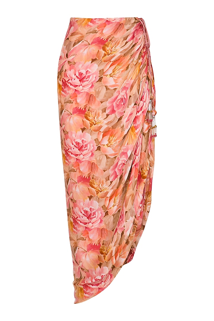 Peach Embroidered Printed Peplum Top With Skirt & Drape by Mani Bhatia at Pernia's Pop Up Shop