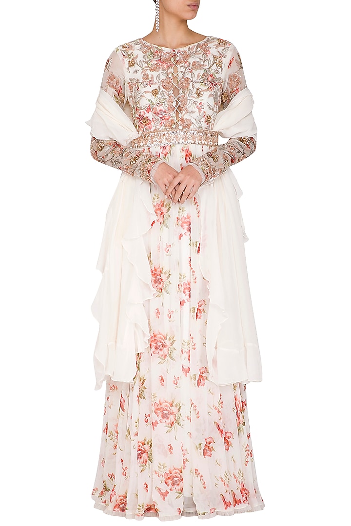 White Printed Embroidered Wedding Anarkali With Drape & Belt by Mani Bhatia at Pernia's Pop Up Shop