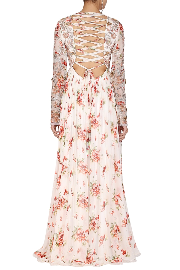 White Printed Embroidered Wedding Anarkali With Drape & Belt by Mani Bhatia at Pernia's Pop Up Shop
