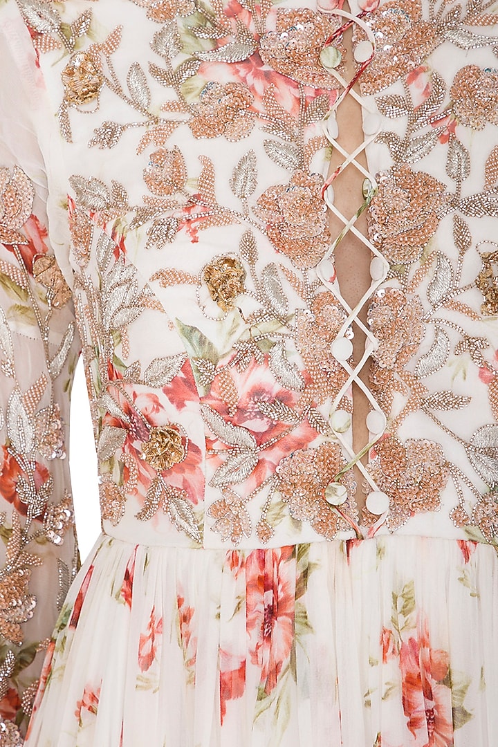 White Printed Embroidered Wedding Anarkali With Drape & Belt by Mani Bhatia at Pernia's Pop Up Shop