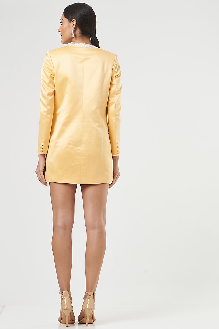 Primrose Yellow Satin Sequins Embroidered Blazer Mini Vacation Dress by Mani Bhatia at Pernia's Pop Up Shop