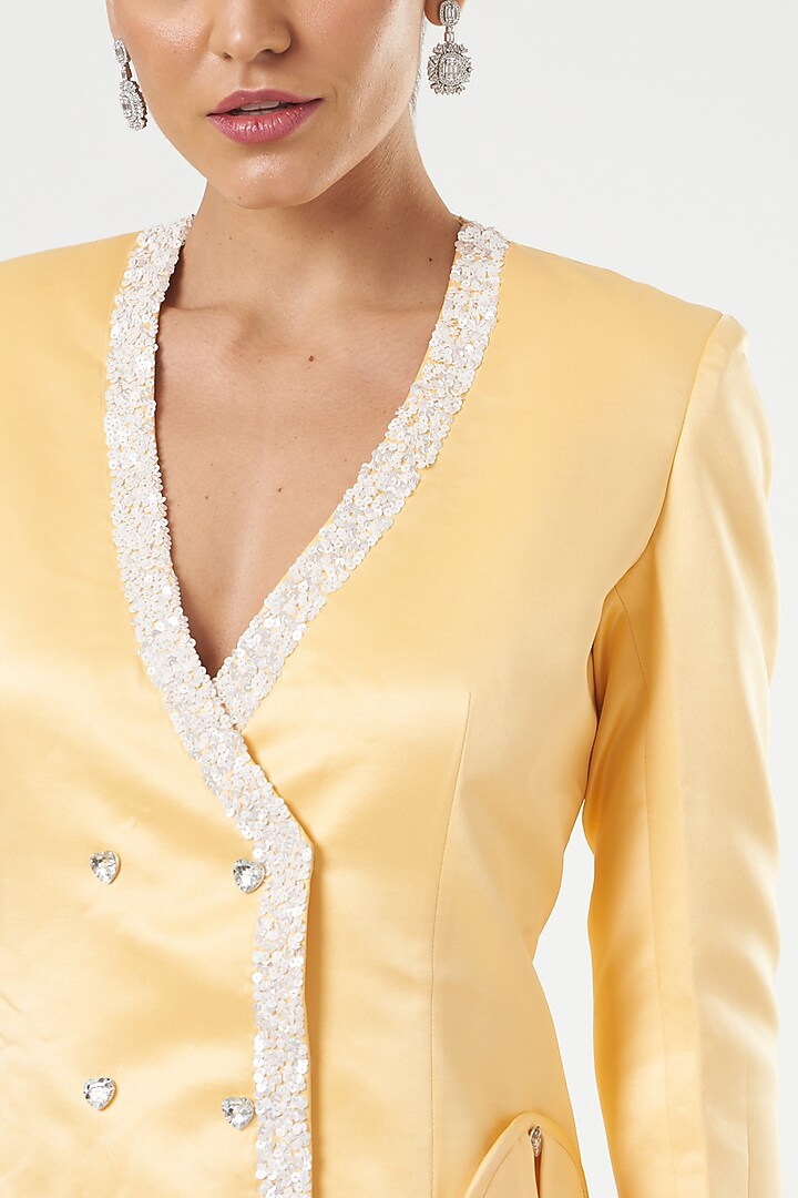 Primrose Yellow Satin Sequins Embroidered Blazer Mini Vacation Dress by Mani Bhatia at Pernia's Pop Up Shop