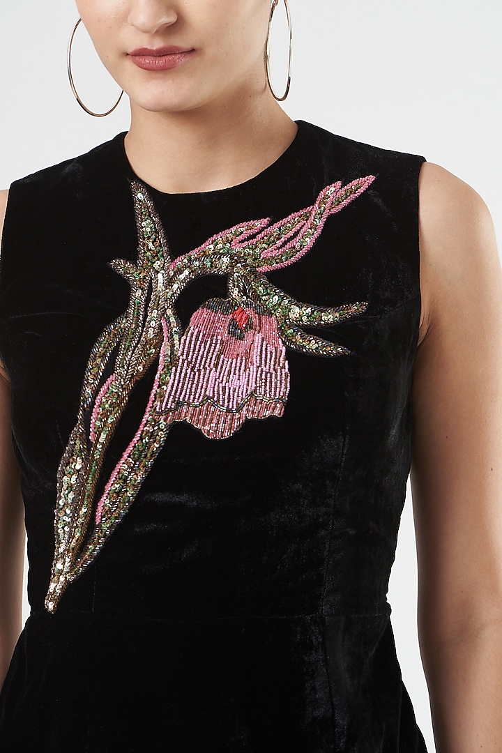 Black Velvet Zardosi & Sequins Embroidered Frilled Mini Vacation Dress by Mani Bhatia at Pernia's Pop Up Shop