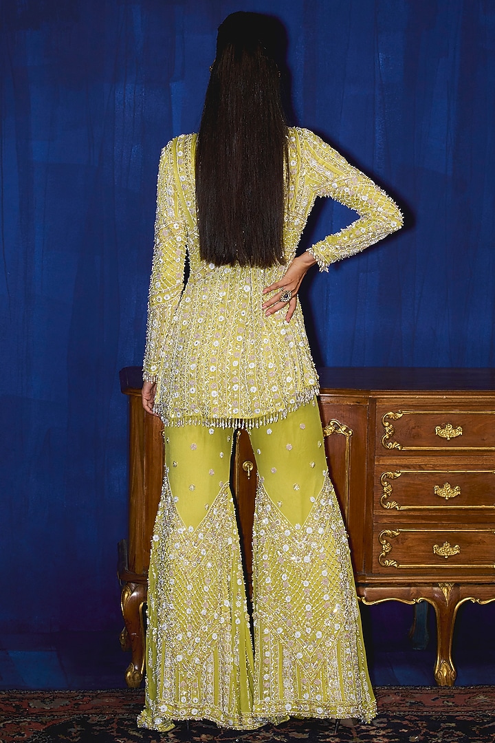 Olive Green Chiffon Embellished Gharara Set by Mani Bhatia at Pernia's Pop Up Shop