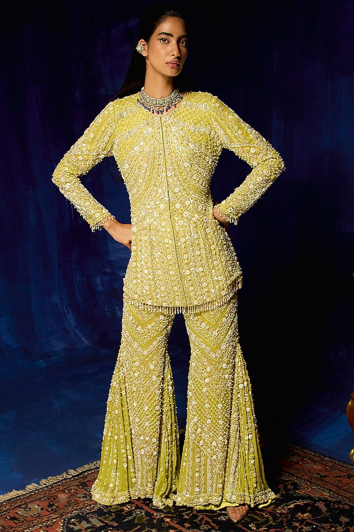 Olive Green Chiffon Embellished Gharara Set by Mani Bhatia at Pernia's Pop Up Shop