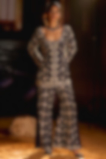 Midnight Blue Dupion Silk Sequins Embroidered Flared Pant Set by Mani Bhatia at Pernia's Pop Up Shop