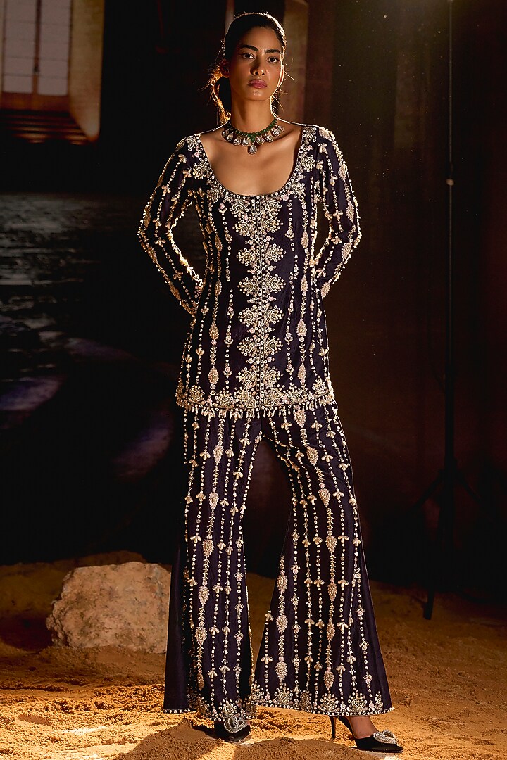 Midnight Blue Dupion Silk Sequins Embroidered Flared Pant Set by Mani Bhatia at Pernia's Pop Up Shop